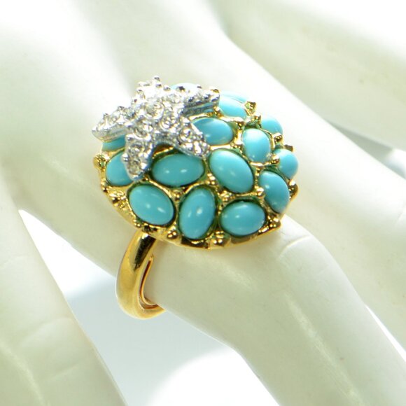 Kenneth Jay Lane KJL Turquoise Cabochon & Crystal Starfish Cocktail Ring - Picture 1 of 6